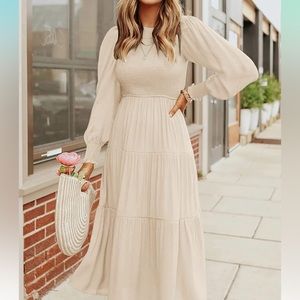 Long Sleeve High Waist Smocked Midi Dress